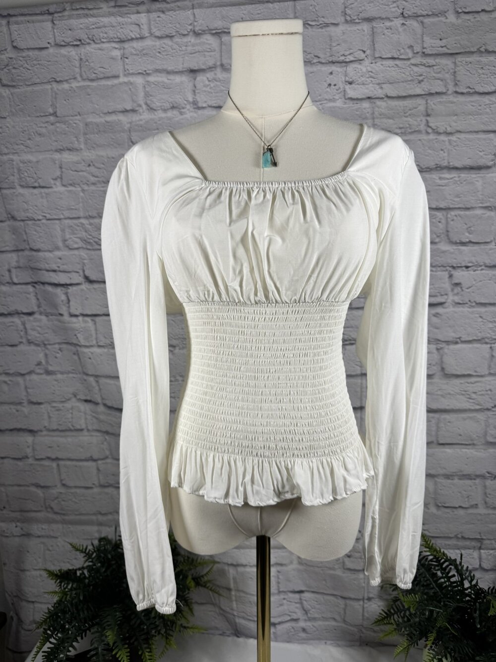 White Smocked Square Neck Long Sleeve Top M Ruffle Peplum Hem Cottagecore